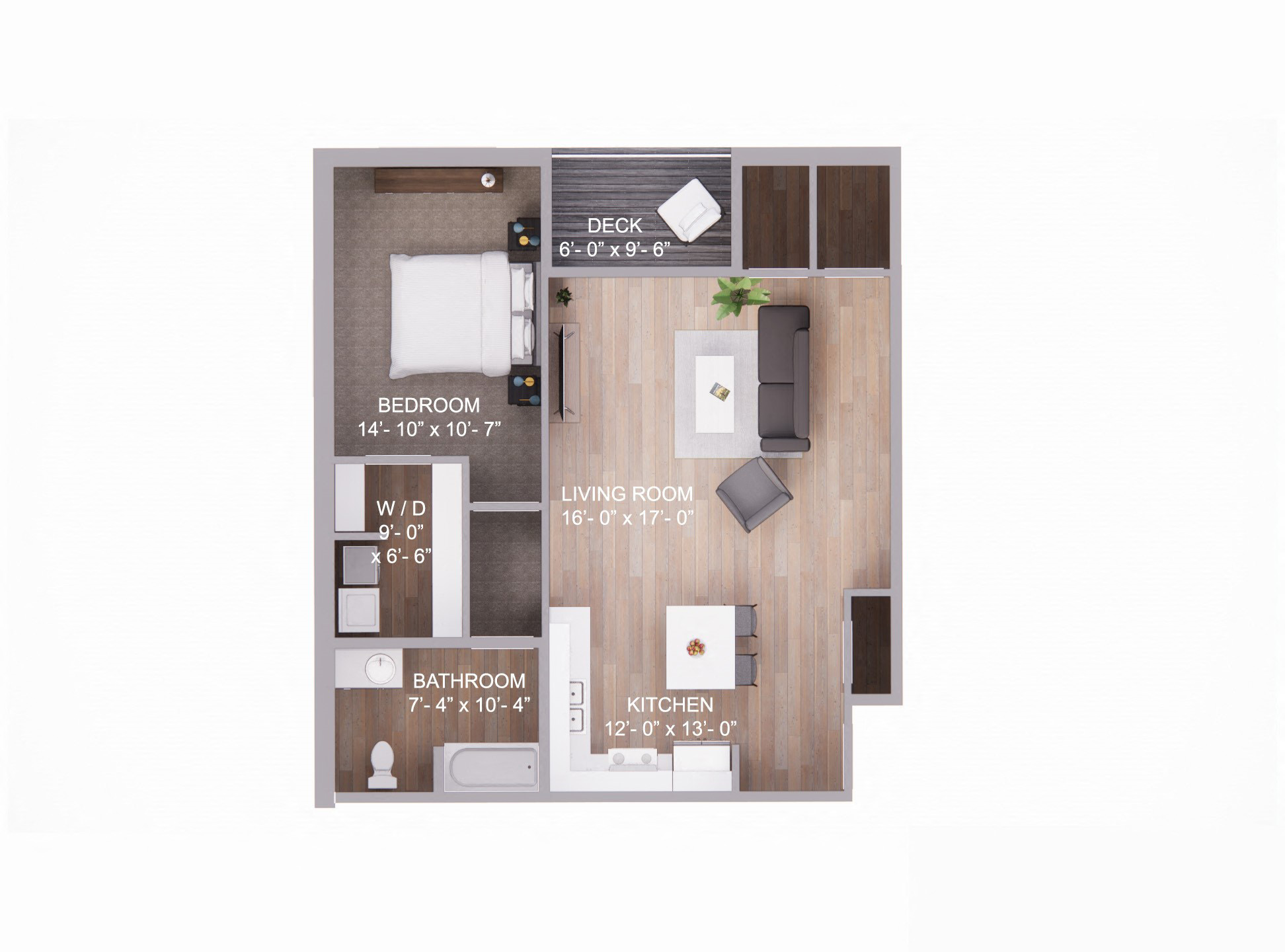 Floor plan for 1 bed, 1 bath, 990 sqft